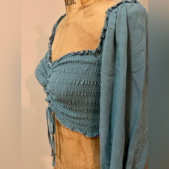 Forever 21 Off Shoulder Crop Ruched Long Sleeve Top Blue Sm - Picture 3 of 5